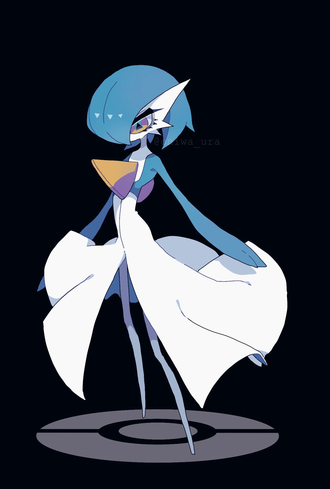 alternate_color, black_background, blue_hair, blue_skin, bob_cut, colored_skin, dress, gardevoir
