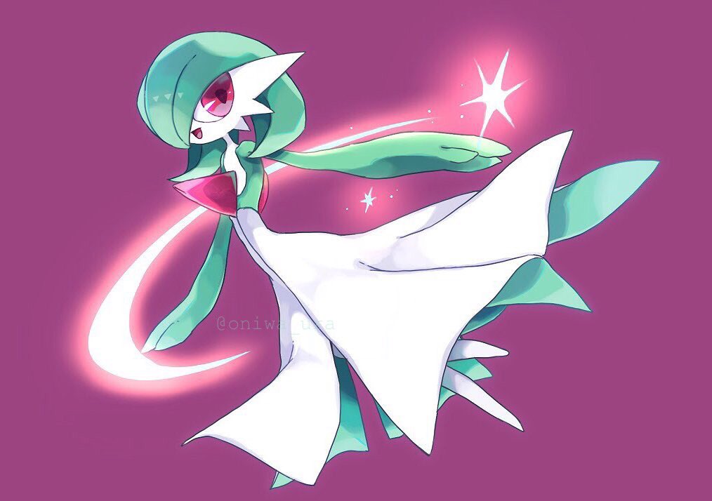 bob_cut, colored_skin, dress, gardevoir, green_hair, green_skin, hair_over_one_eye, light_trail