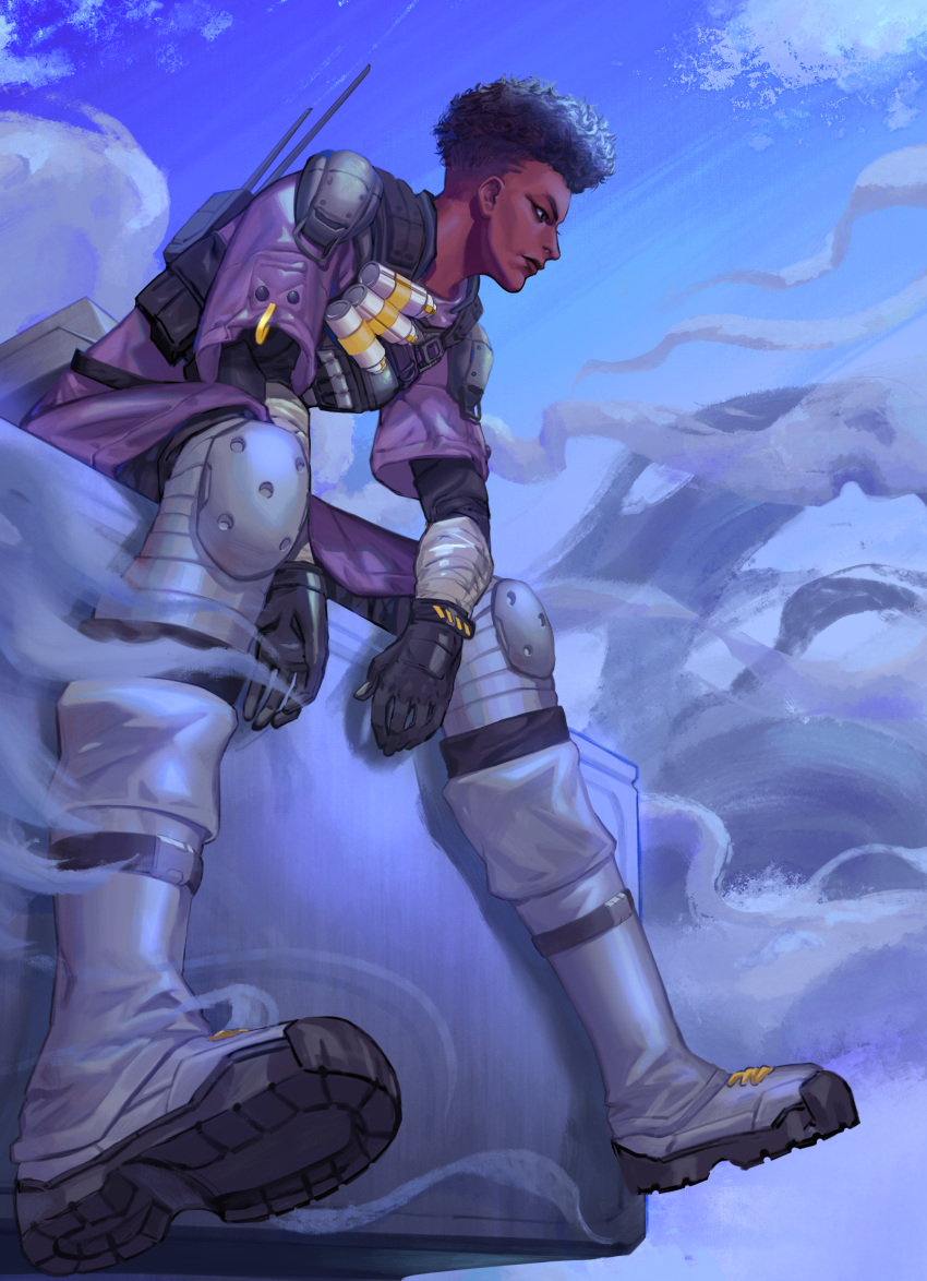 1girl, absurdres, apex_legends, bangalore_(apex_legends), black_gloves, black_hair, boots, brown_eyes, dark-skinned_female, dark_skin, dust, fade_(haircut), gentagonal, gloves, grey_footwear, highres, jacket, leaning_forward, looking_down, purple_jacket, radio_antenna, short_hair, sitting, solo