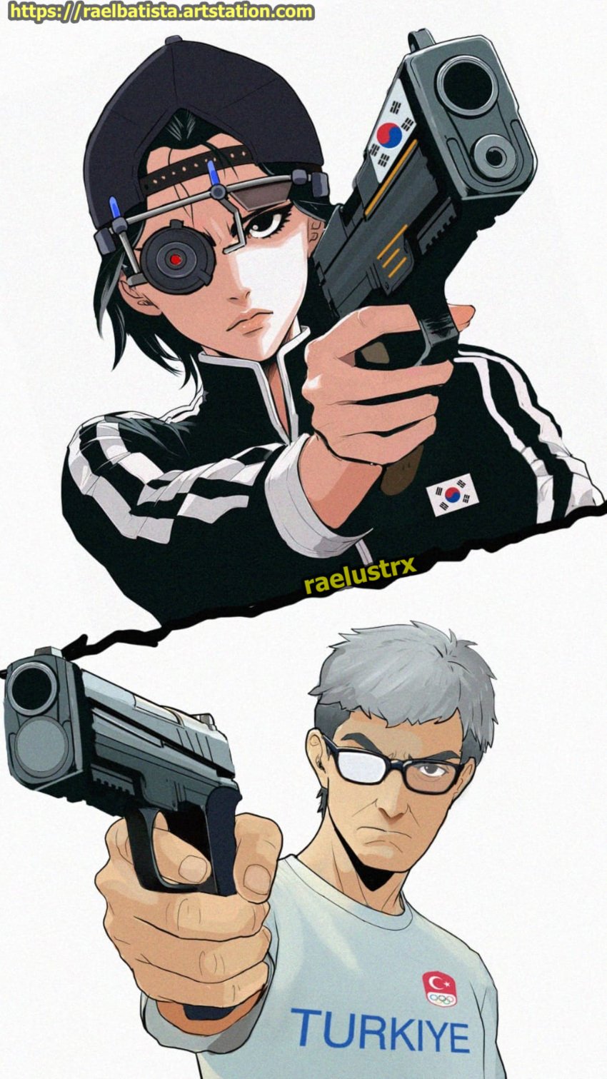 1boy, 1girl, 2024_summer_olympics, absurdres, aiming, angry, artist_name, backwards_hat