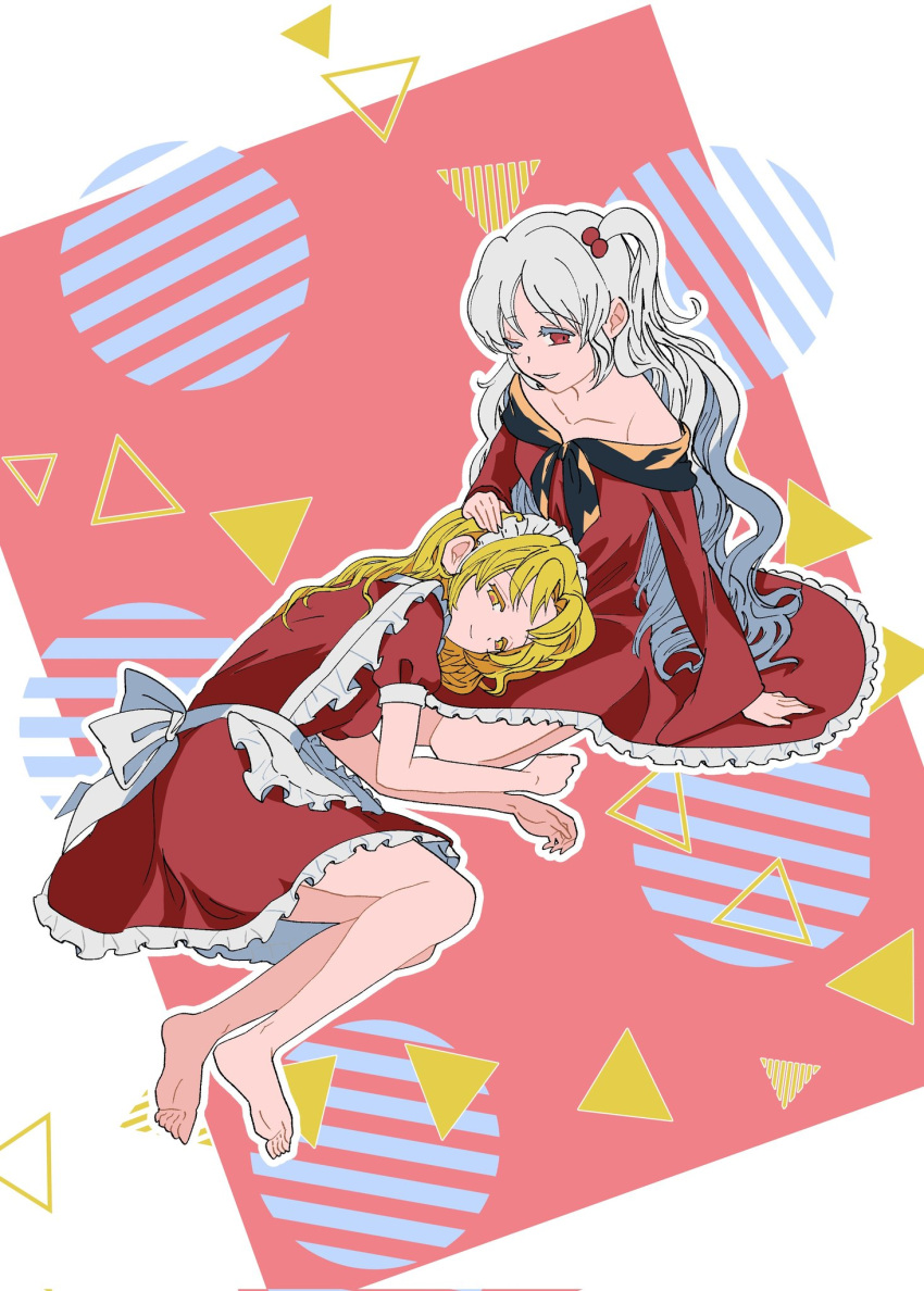 1girl, 2girls, apron, back_bow, bare_legs, bare_shoulders, barefoot, black_ribbon