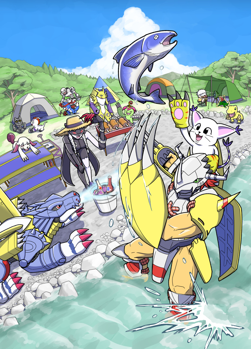 absurdres, agumon, andromon, armor, bent_over, betamon, black_bodysuit, black_mask