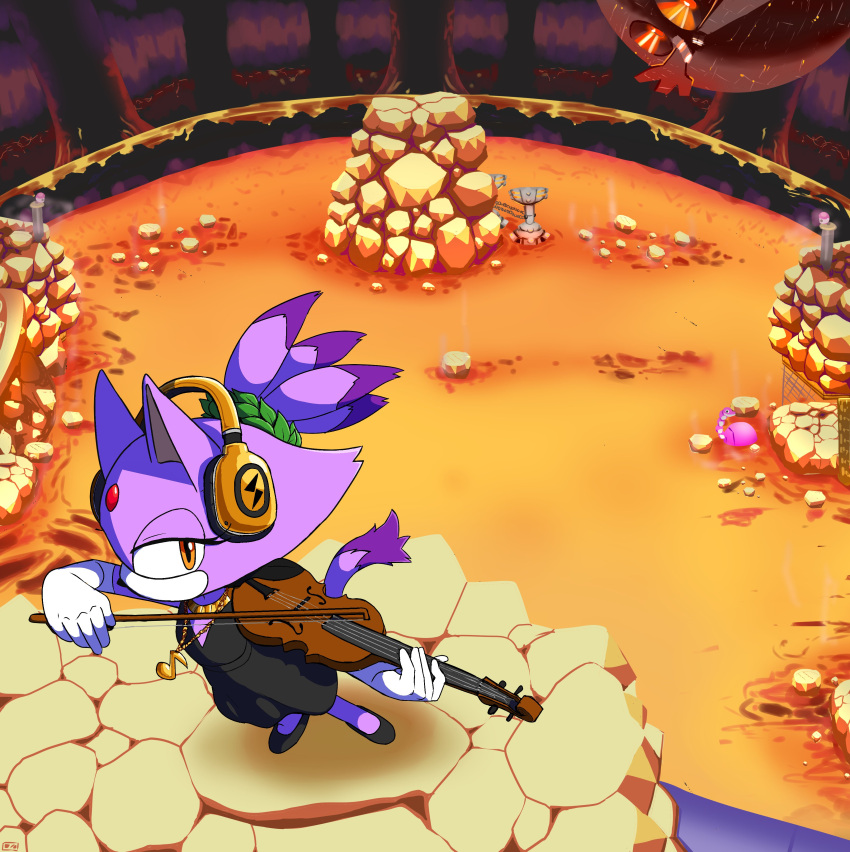 1girl, absurdres, alternate_costume, animal_ears, black_dress, black_footwear, blaze_the_cat, bow_(music), brodtsumi, cat_ears, cat_tail, cave_interior, death_egg, dress, forehead_jewel, furry, furry_female, gloves, headphones, highres, holding, holding_bow_(music), holding_instrument, holding_violin, in-universe_location, instrument, lava, music, playing_instrument, sonic_(series), tail, violin, white_gloves, yellow_eyes