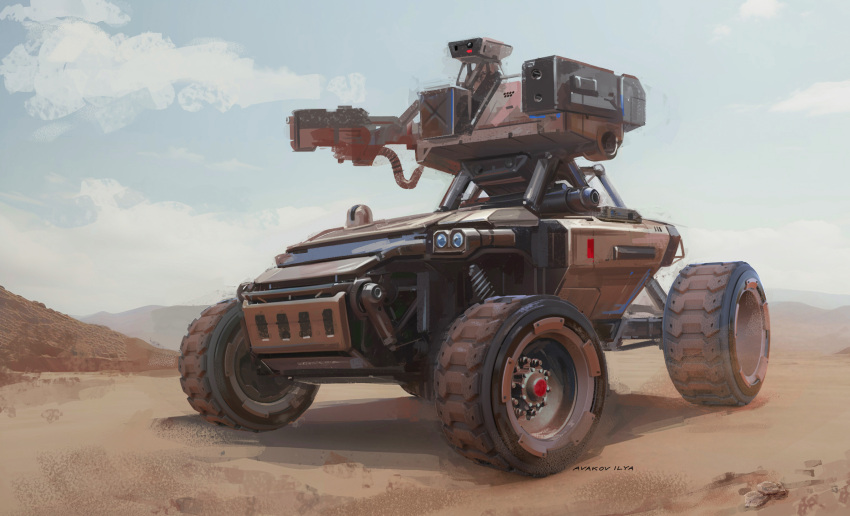 artist_name, avakov, cable, clouds, desert, gun, highres, hill, holding, holding_gun, holding_weapon, no_humans, original, piston, science_fiction, sky, vehicle_focus, weapon