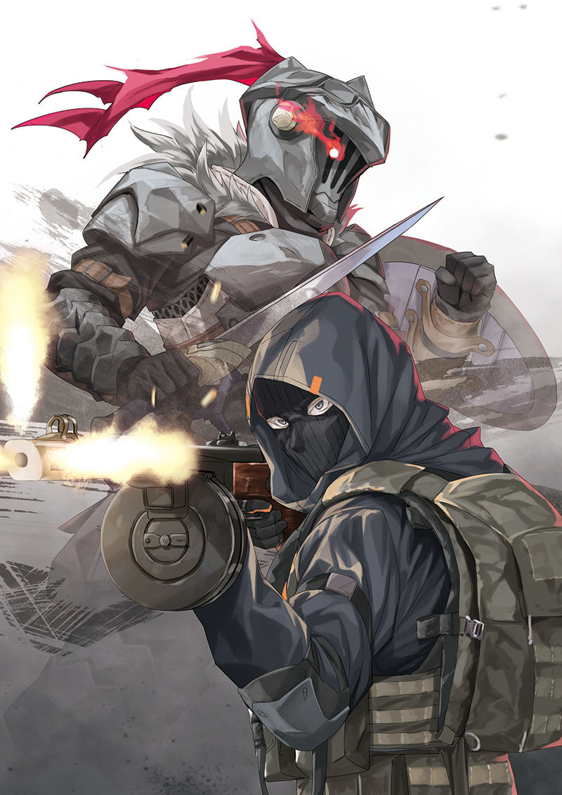 2boys, arm_armor, armor, backpack, bag, black_gloves, black_hood, black_mask