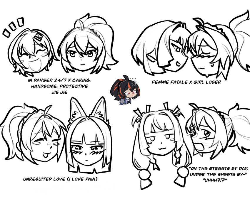 5girls, animal_ears, belle_(zenless_zone_zero), black_hair, blush, closed_eyes, closed_mouth, commentary