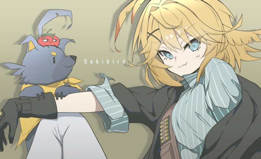 1girl, ammunition_belt, aqua_eyes, bandana, black_jacket, blonde_hair, character_name, closed_mouth