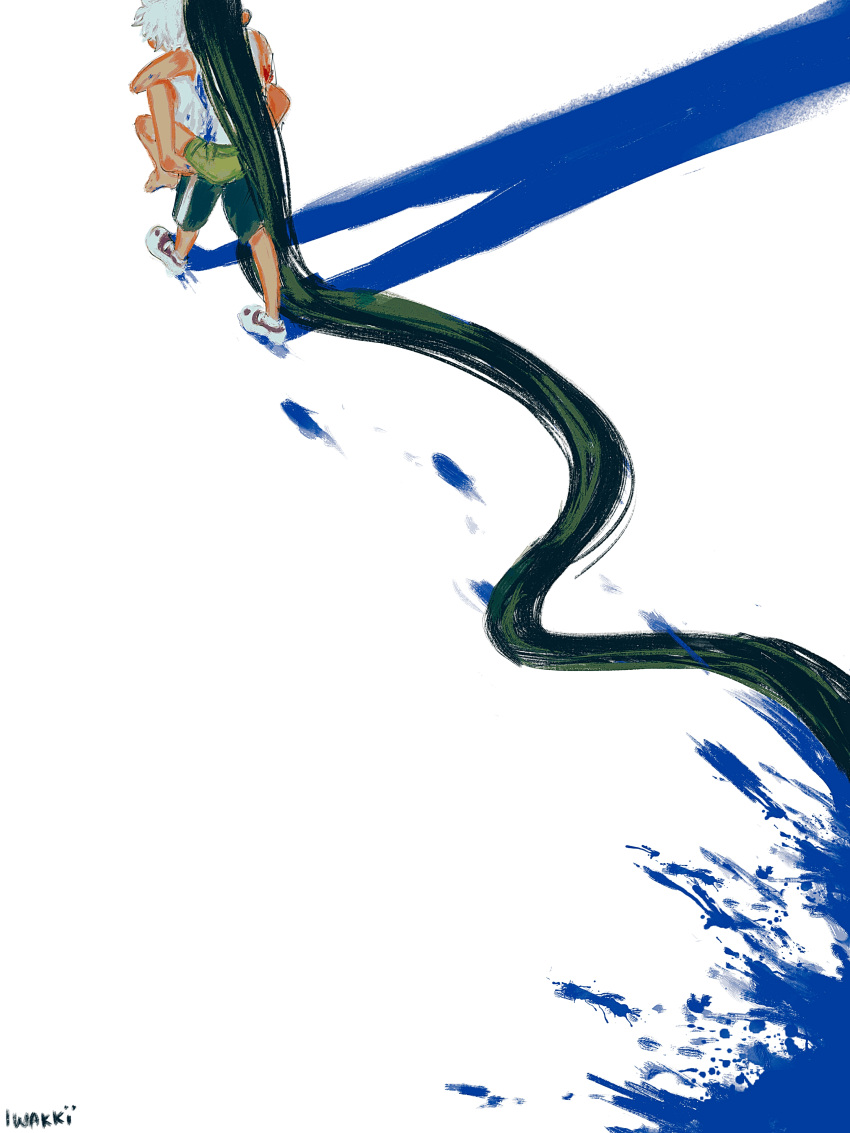 2boys, absurdly_long_hair, absurdres, artist_name, barefoot, blood, blue_blood, carrying, footprints, from_behind, gon_freecss, head_out_of_frame, highres, hunter_x_hunter, iwakki, killua_zoldyck, long_hair, long_shadow, male_focus, multiple_boys, no_jacket, official_alternate_hair_length, official_alternate_hairstyle, piggyback, simple_background, splatter, spoilers, very_long_hair, very_wide_shot, walking, white_background