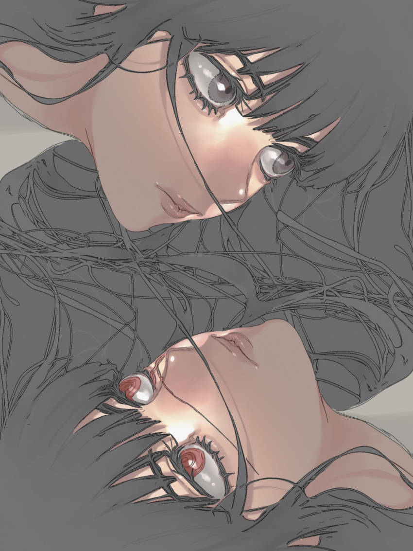 2girls, black_eyes, black_hair, chainsaw_man, closed_mouth, cross_scar, ham_(hamhampy), highres