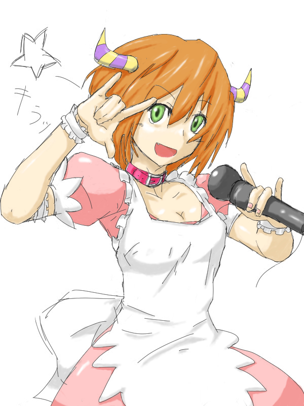 \m/, collar, fang, green_eyes, horns, linda_(boku_to_maou), microphone, orange_hair