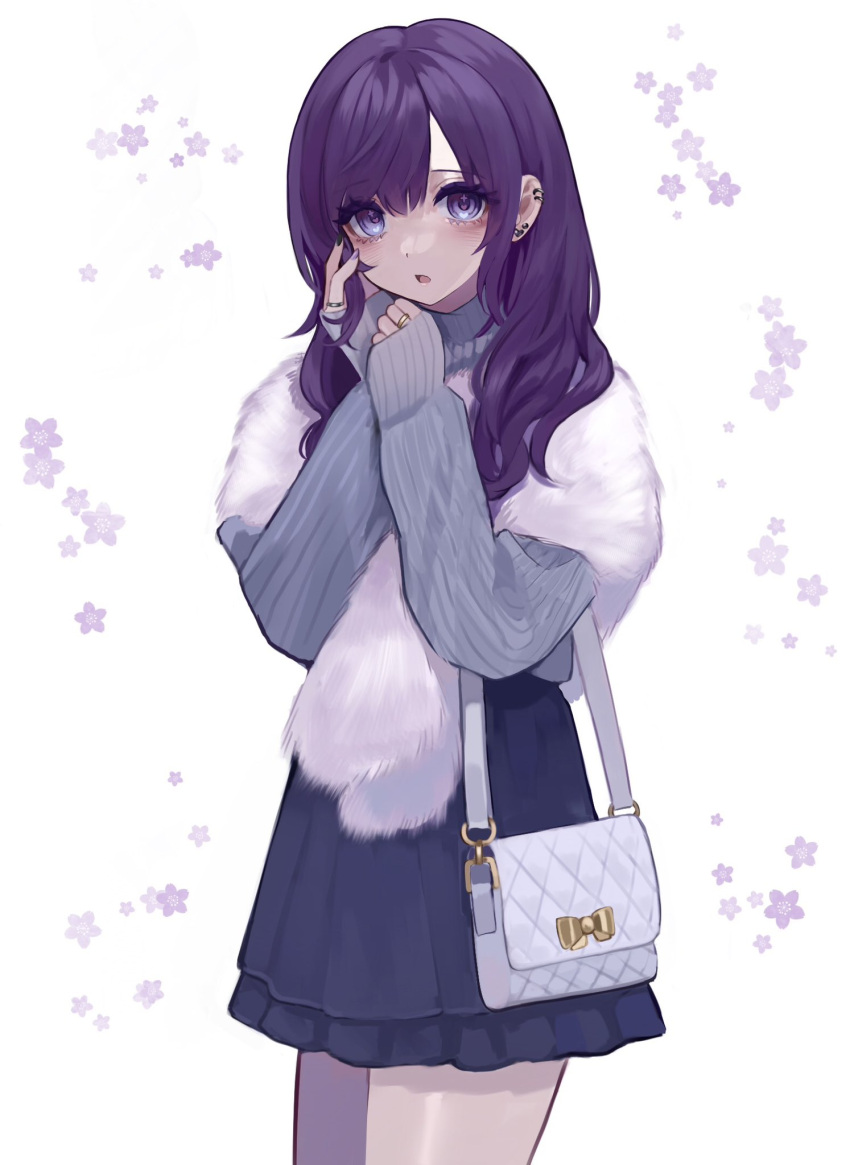 1girl, aegyo_sal, alternate_costume, asahina_mafuyu, bag, black_nails, blue_skirt, commentary