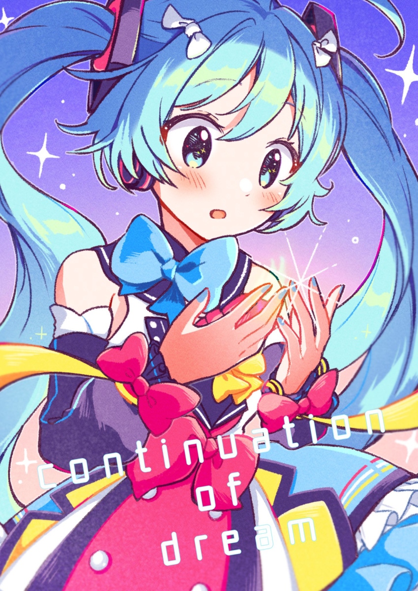 1girl, :o, aoiyui, aqua_eyes, aqua_hair, aqua_nails, black_sleeves, blue_bow