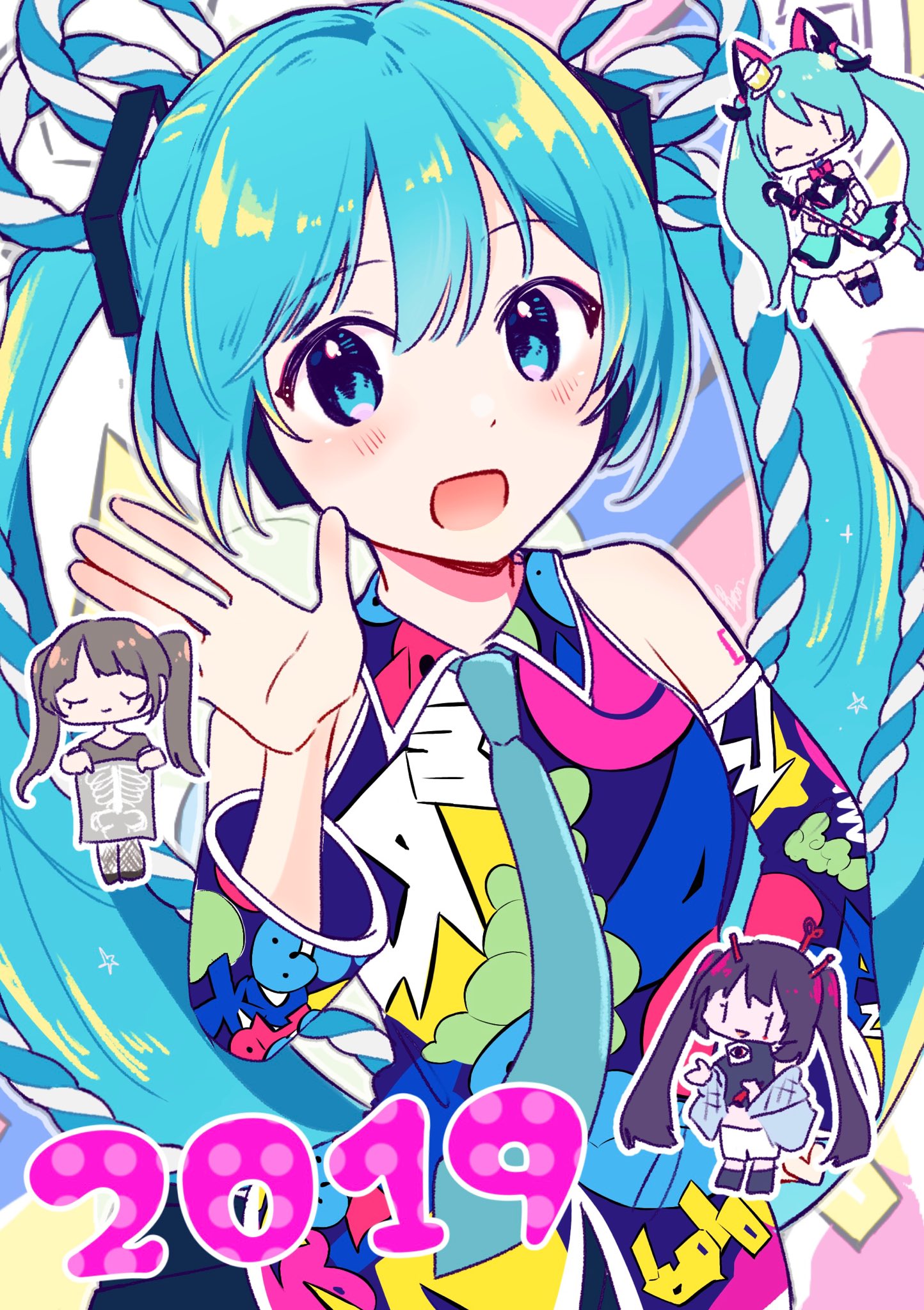 2019, 4girls, :d, aoiyui, aqua_eyes, aqua_hair, aqua_necktie, bare_shoulders, bless_your_breath_(vocaloid), detached_sleeves, graffiti_print, hair_ornament, hatsune_miku, headphones, highres, light_blush, lucky_orb_(vocaloid), magical_mirai_(vocaloid), magical_mirai_miku, magical_mirai_miku_(2019), multicolored_clothes, multiple_girls, multiple_persona, necktie, number_tattoo, otome_kaibou_(vocaloid), shirt, sleeveless, sleeveless_shirt, smile, song_request, songover, tattoo, vocaloid, waving, year_connection