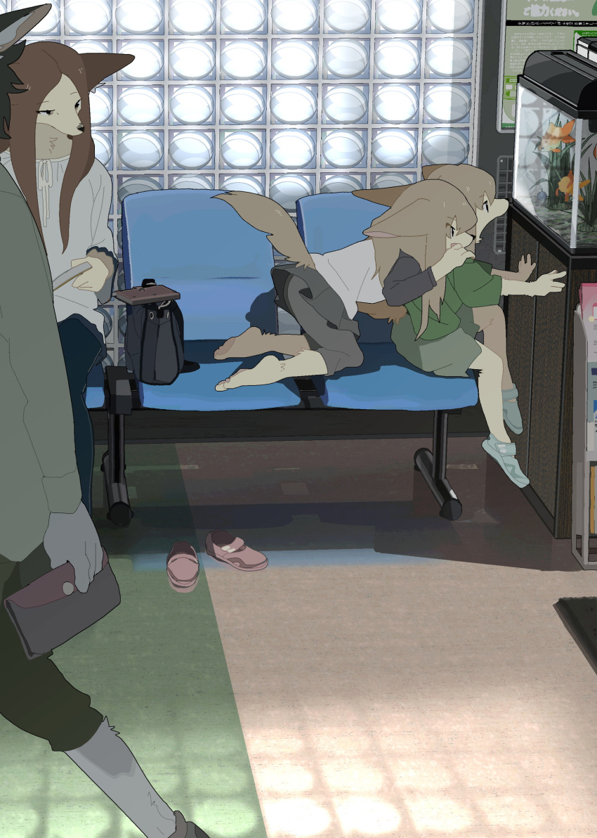 1boy, 3girls, animal_ears, aquarium, bag, barefoot, black_bag, black_eyes