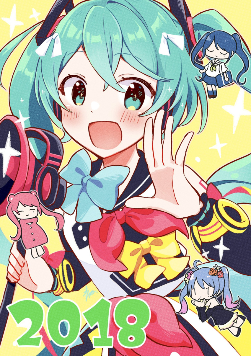 2018, 4girls, :d, ai_kotoba_iii_(vocaloid), aoiyui, aqua_eyes, aqua_hair, bare_shoulders