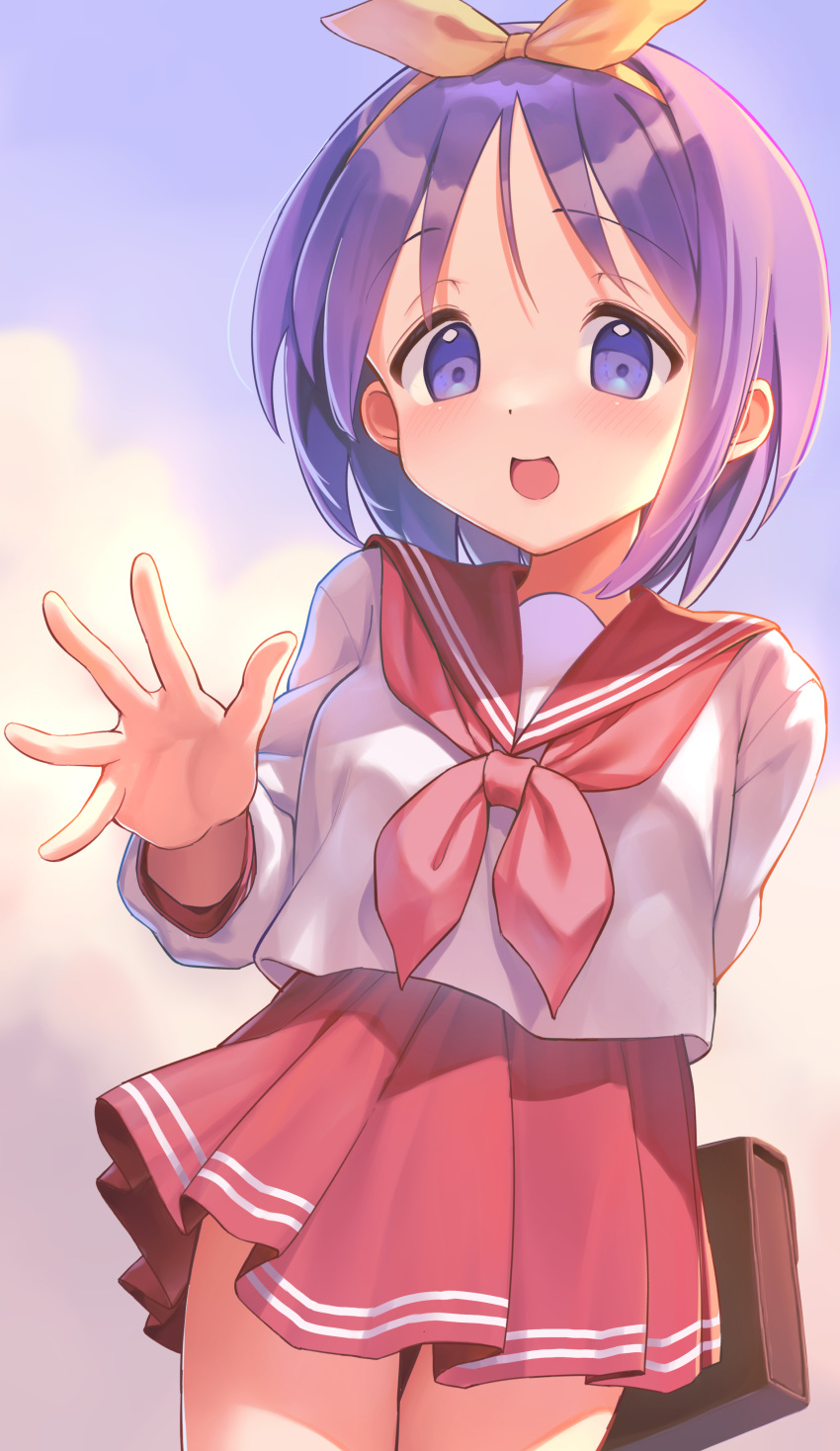 1girl, :d, absurdres, arm_behind_back, bag, blue_eyes, brown_bag, cowboy_shot