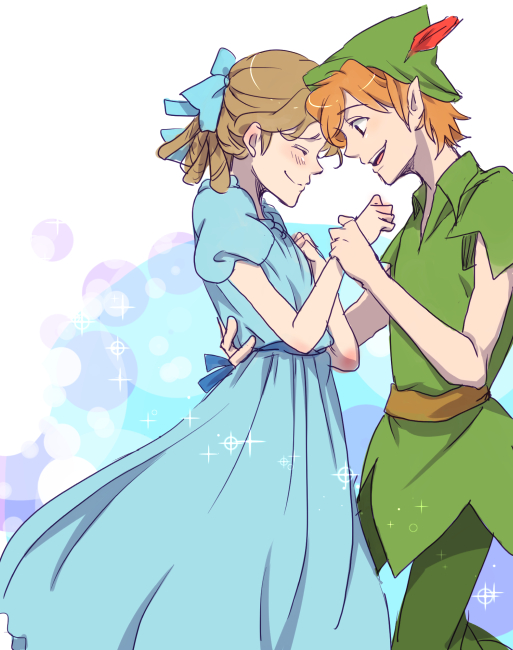 1boy, 1girl, black_footwear, blue_dress, blush, boots, brown_hair, bug, doumucchi, dress, embarrassed, feathers, flute, green_eyes, green_tunic, instrument, leaf, moon, mushroom, pan_flute, peter_pan, peter_pan_(character), peter_pan_(disney), pointy_ears, red_feathers, redhead, shirt, short_hair, size_difference, surprised, toon_(style), watermark, wendy_darling