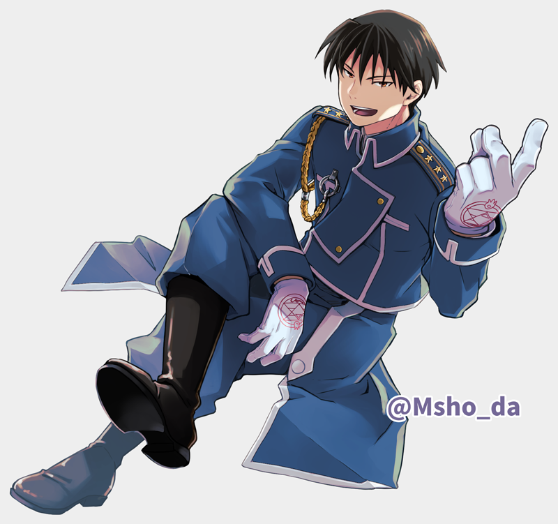 1boy, aiguillette, amestris_military_uniform, arm_support, backlighting, black_footwear, black_hair, blue_jacket, blue_pants, boots, brown_eyes, buttons, collared_jacket, double-breasted, dutch_angle, elbow_rest, figure_four_sitting, full_body, fullmetal_alchemist, gloves, grey_background, grin, hand_up, jacket, knee_boots, leather, leather_boots, looking_at_viewer, magic_circle, male_focus, military_jacket, military_uniform, open_clothes, pants, roy_mustang, shouda_masumi, silver_trim, simple_background, smile, snapping_fingers, spiky_hair, teeth, tongue, tsurime, twitter_username, uniform, waist_cape, white_gloves