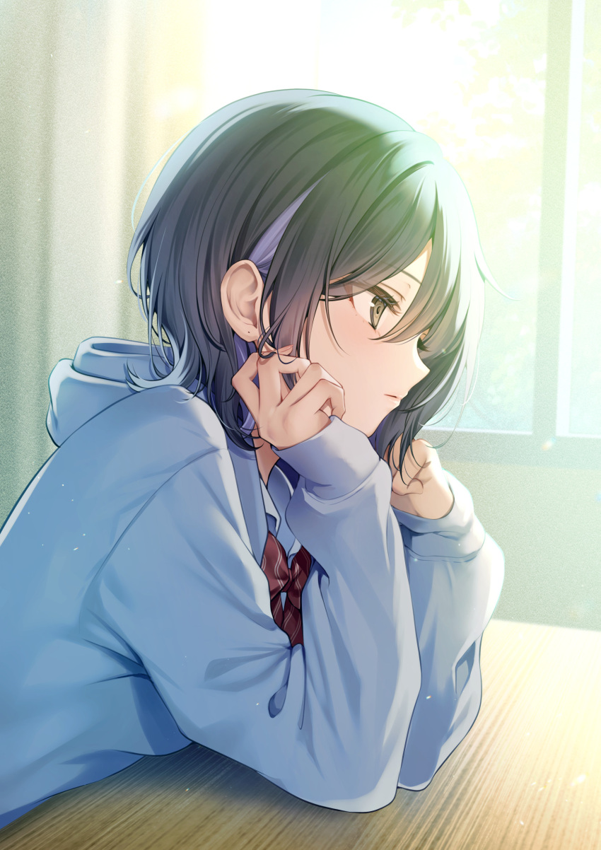1girl, arms_on_table, black_hair, bow, bowtie, classroom, closed_mouth, colored_inner_hair