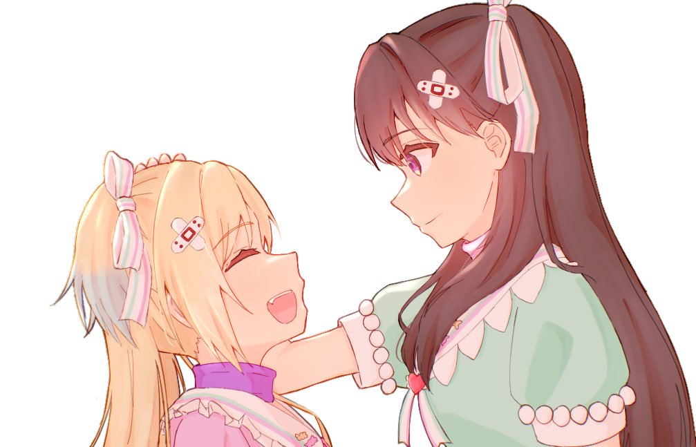 2girls, amane61115, aqua_dress, bandaid, bandaid_hair_ornament, blonde_hair, blue_hair, brown_hair