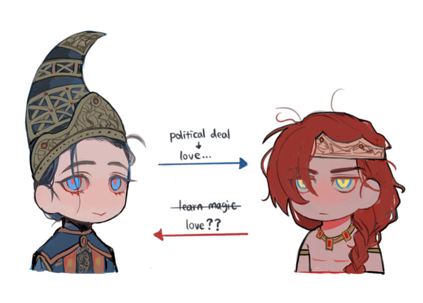 1boy, 1girl, :>, armlet, arrow_(symbol), black_hair, blue_eyes, braid