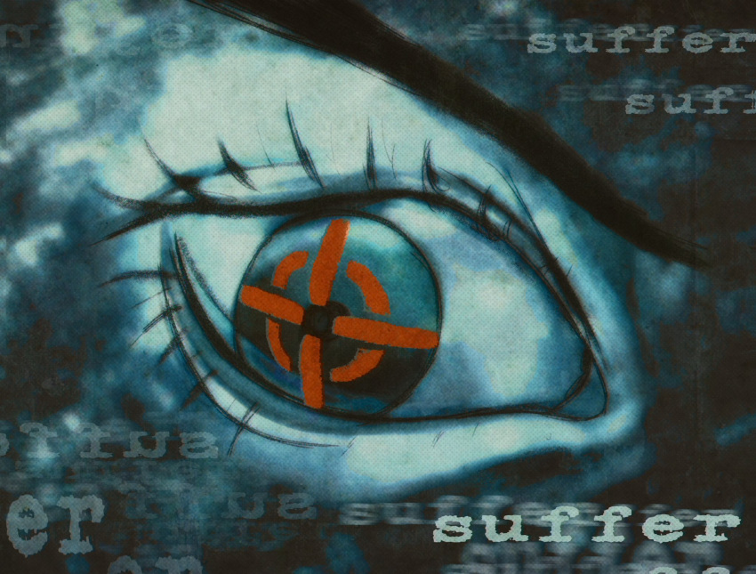 black_eyebrows, blue_theme, blurry_text, english_text, eye_focus, highres, lonesomnia, looking_to_the_side