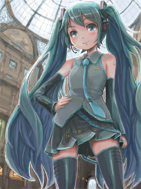 aqua_eyes, aqua_hair, ceiling, detached_sleeves, glass, hand_on_hip, hatsune_miku, headphones