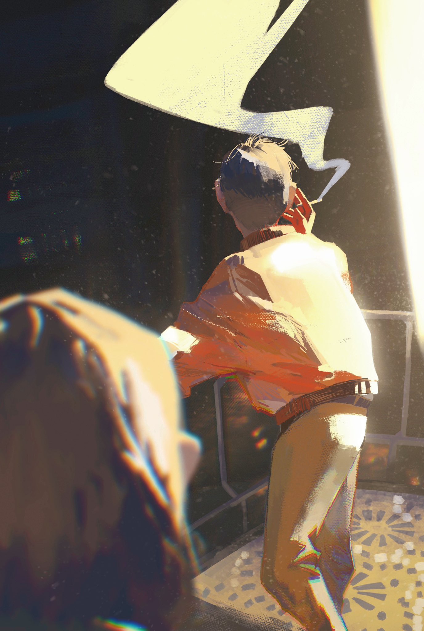 2boys, against_railing, balcony, belt, black_belt, black_hair, bomber_jacket, brown_hair, brown_pants, cigarette, cityscape, commentary, cropped_legs, disco_elysium, english_commentary, from_behind, hand_up, harry_du_bois, highres, holding, holding_cigarette, jacket, jidianfan, kim_kitsuragi, male_focus, multiple_boys, orange_jacket, pants, railing, smoke_trail, smoking, solo_focus