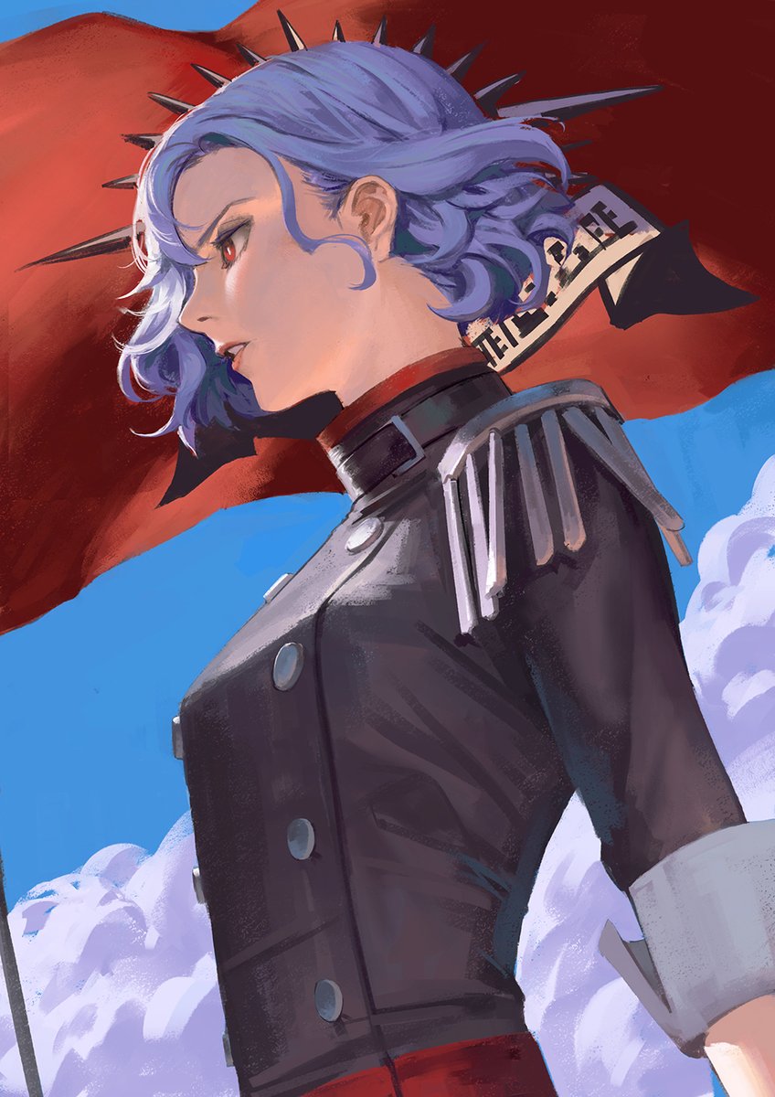 1girl, black_choker, buttons, choker, clouds, cloudy_sky, commentary, english_commentary