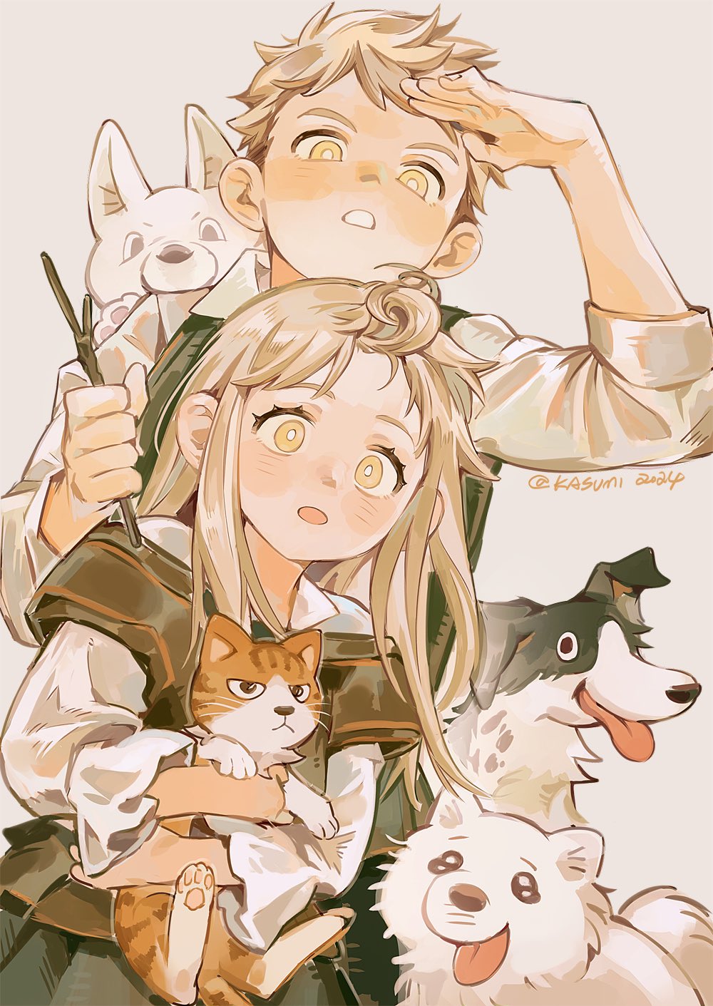 1boy, 1girl, aged_down, animal, black_shirt, blonde_hair, blush, brother_and_sister