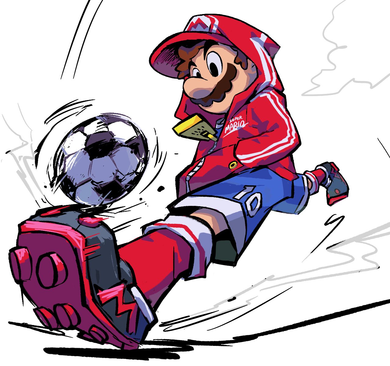 1boy, alternate_costume, ball, blue_shorts, brown_hair, facial_hair, hands_in_pockets, hat