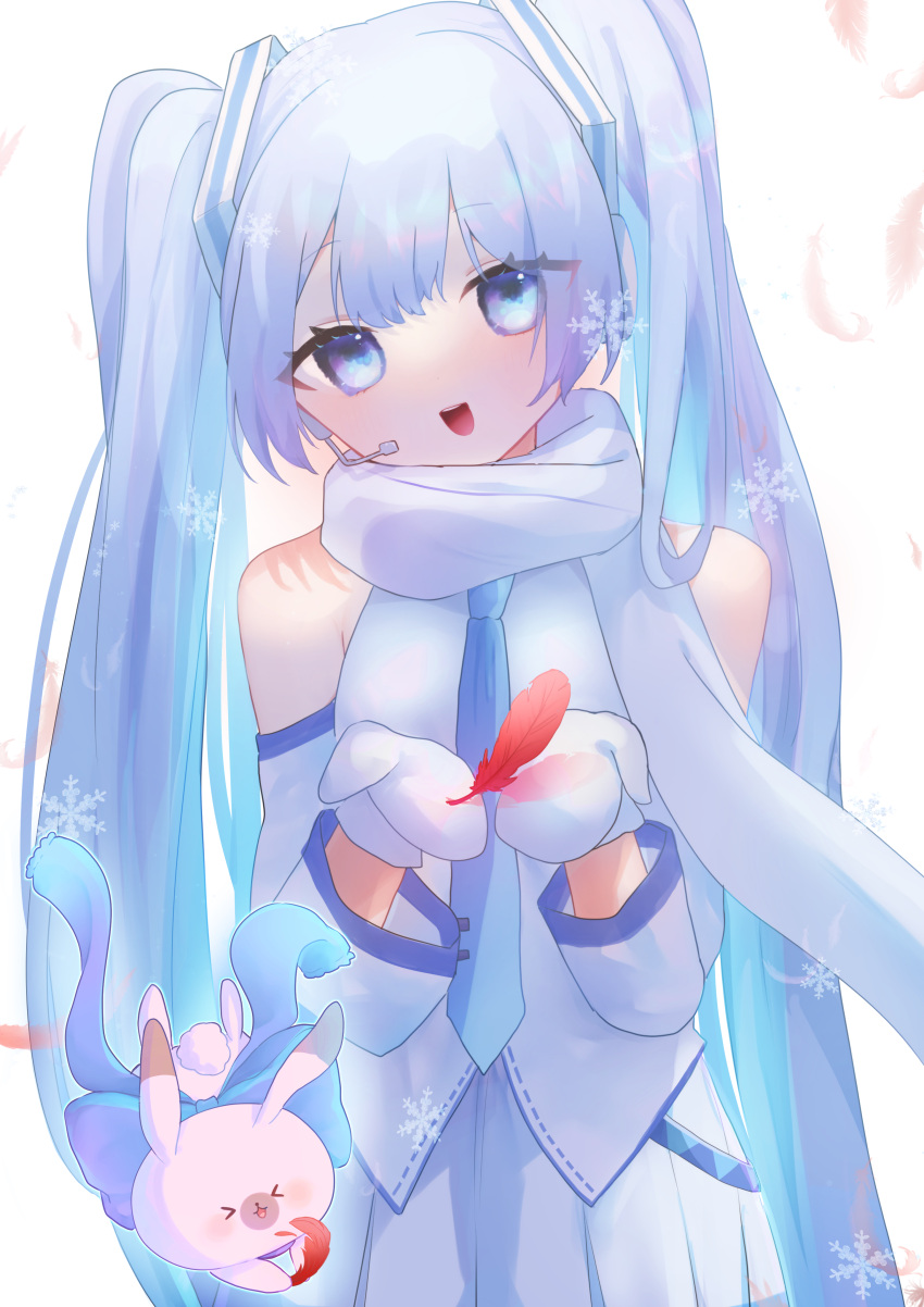 1girl, absurdres, blue_eyes, blue_hair, detached_sleeves, feathers, hatsune_miku, head_tilt, headset, highres, holding, holding_feather, long_hair, long_sleeves, looking_at_viewer, mittens, necktie, omitarou730, open_mouth, pleated_skirt, rabbit, rabbit_yukine, scarf, shirt, skirt, sleeveless, sleeveless_shirt, smile, snowflakes, solo, twintails, very_long_hair, vocaloid, yuki_miku, yuki_miku_(2011)