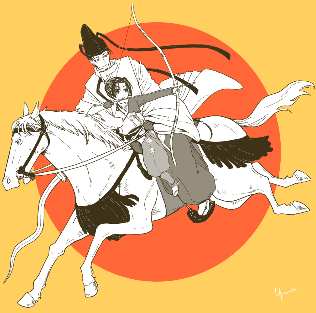 2boys, aiming, arrow_(projectile), black_hair, border, bow, bow_(weapon), bridle, closed_mouth, eastern-specs, full_body, hakama, hakama_pants, hand_on_another's_hip, hat, holding, holding_reins, holding_sword, holding_weapon, horse, horseback_archery, horseback_riding, houjou_tokiyuki_(nige_jouzu_no_wakagimi), japanese_clothes, kannushi, kariginu, long_hair, long_sleeves, low-tied_long_hair, male_focus, multiple_boys, nige_jouzu_no_wakagimi, open_mouth, orange_background, pants, parted_bangs, ponytail, reins, riding, riding_animal, round_border, saddle, sandals, sidelocks_tied_back, simple_background, smile, stirrups_(riding), sword, tabi, tate_eboshi, very_long_hair, watermark, weapon, zouri