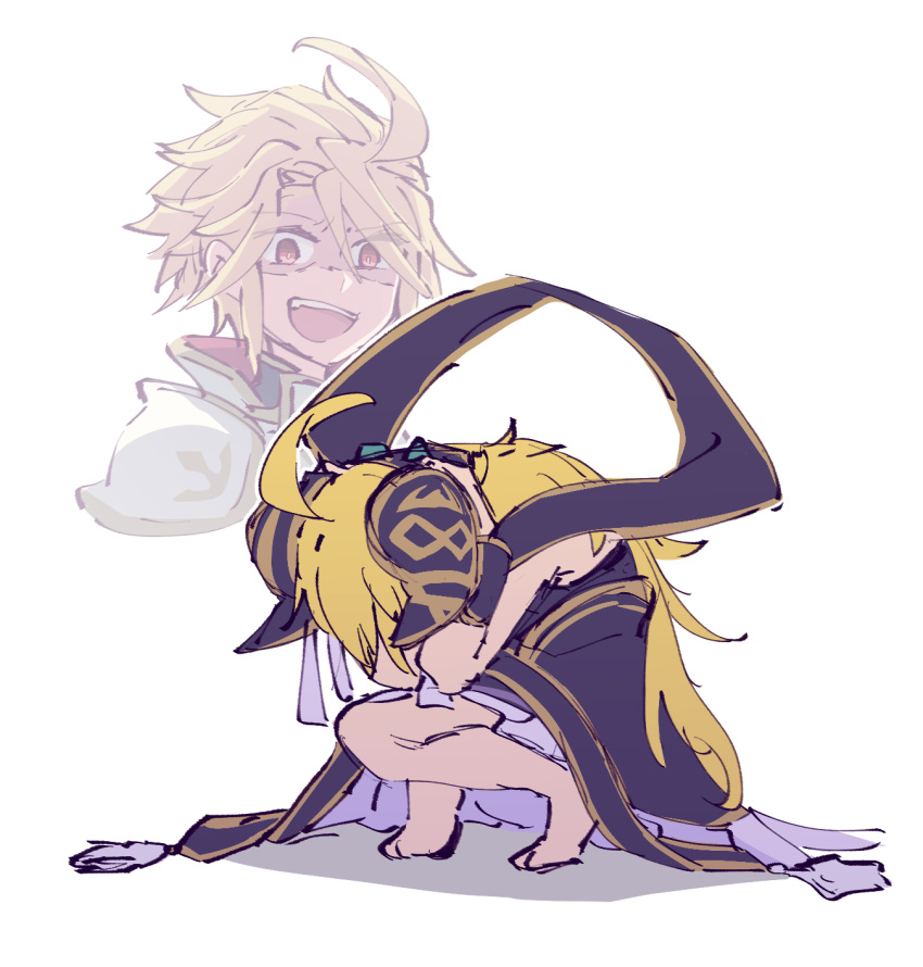 1boy, 1girl, ahoge, alonemistrist, barefoot, blonde_hair, brother_and_sister, dragalia_lost