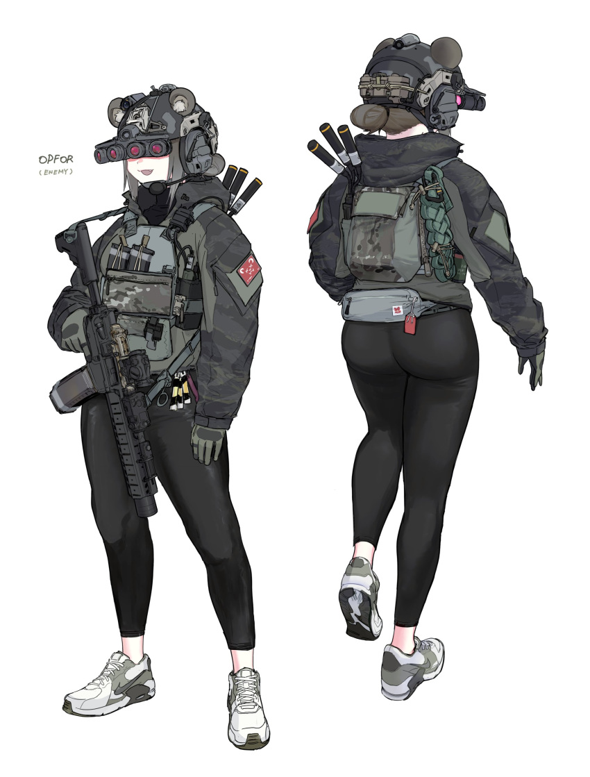 1girl, :d, absurdres, alma01, animal_ear_fluff, animal_ears, assault_rifle, backpack