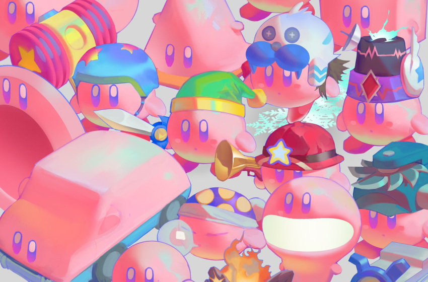 blue_helmet, car_mouth, character_request, closed_eyes, cone_mouth, copy_ability, frosty_ice_kirby, green_hat, hammer_kirby, hat, helmet, hieumay, highres, holding, holding_weapon, ice_kirby, kirby, kirby_(series), light-bulb_mouth, mouthful_mode, multiple_persona, nightcap, no_humans, ranger_kirby, ring_mouth, sleep_kirby, sleeping, sword, sword_kirby, toy_hammer, toy_hammer_kirby, weapon