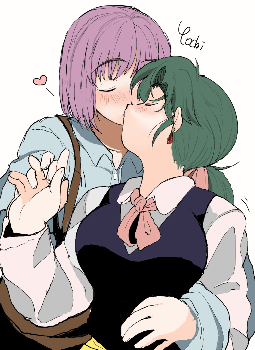 2girls, absurdres, artist_name, bag, blush, bow, bowtie, closed_eyes