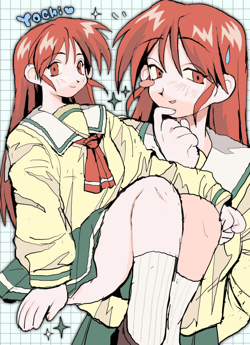 1girl, artist_name, ascot, blush, blush_stickers, brown_footwear, closed_mouth, commentary_request