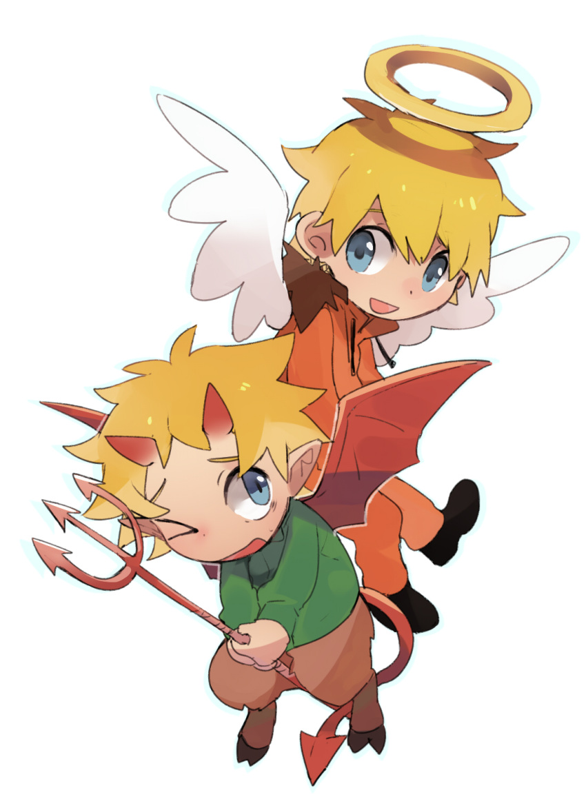 >_o, 2boys, angel, angel_wings, animification, blonde_hair, blue_eyes, chibi
