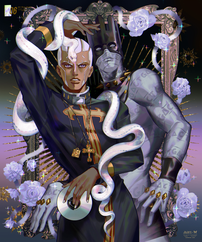 absurdres, cd, dark-skinned_male, dark_skin, enrico_pucci, flower, highres, holding_cd