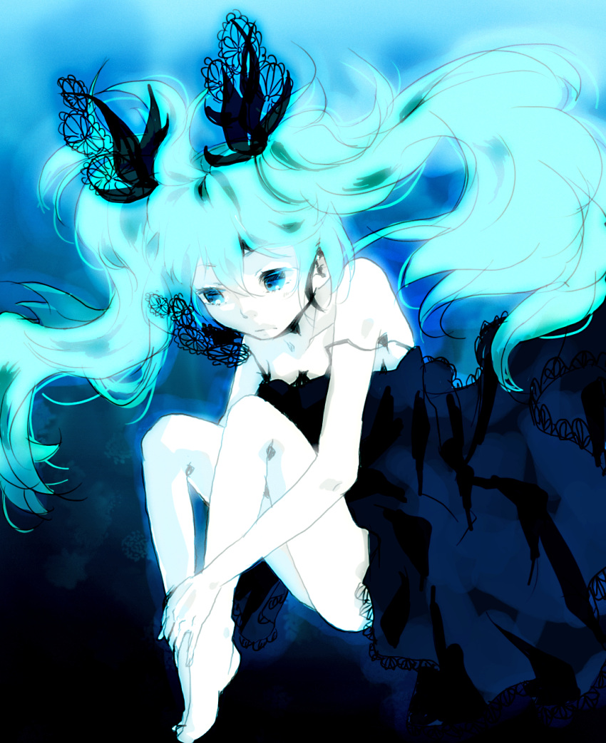 aotsuki-a, aqua_eyes, bad_id, barefoot, black_dress, dress, fetal_position, hands_on_feet