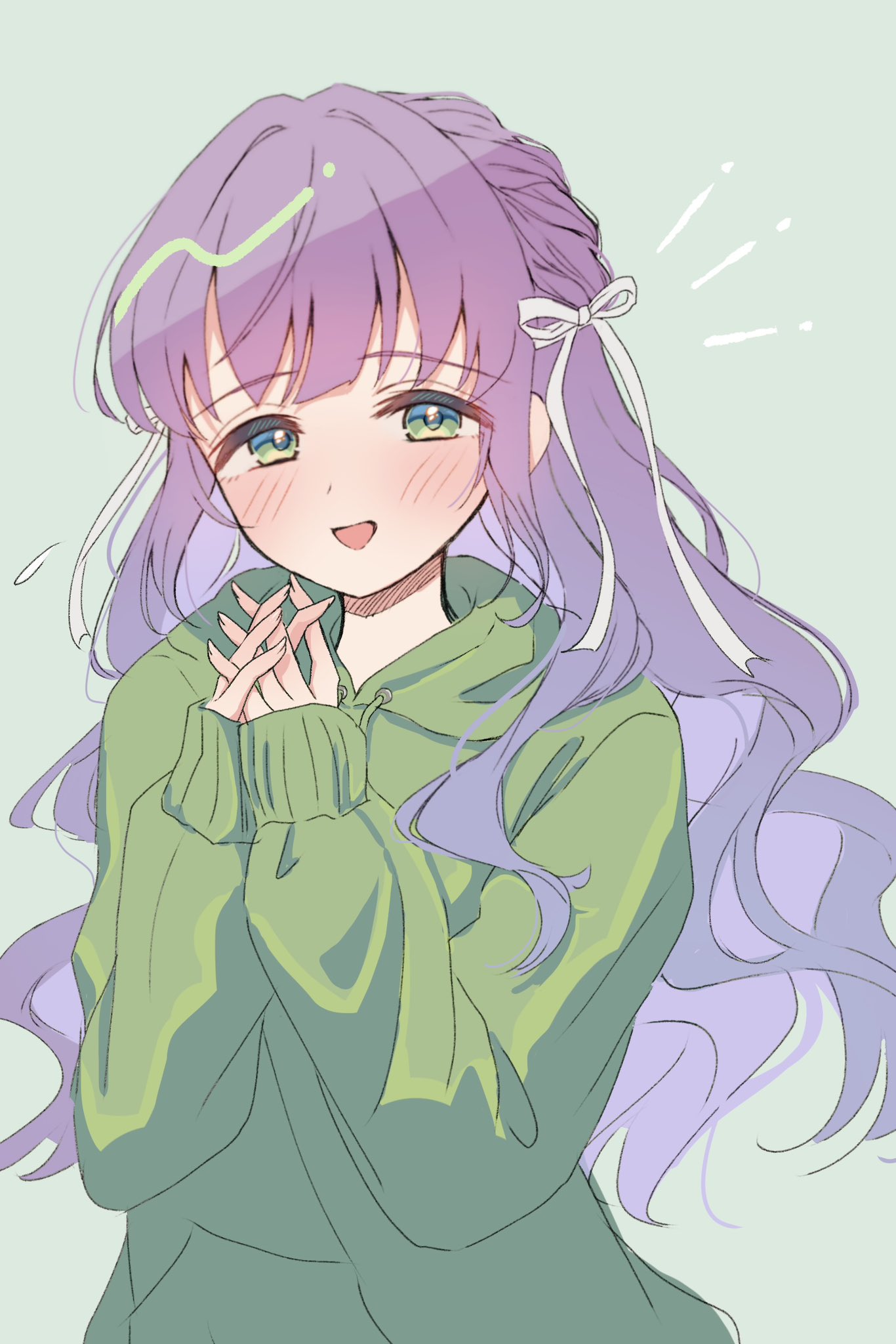 1girl, :d, blush, borrowed_hairstyle, commentary_request, green_background, green_eyes, green_hoodie