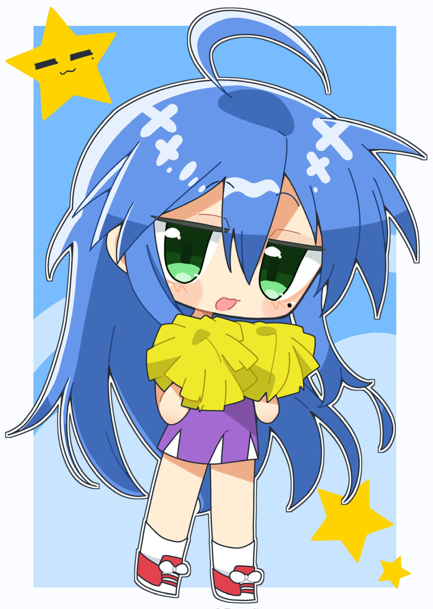 1girl, :3, aoiuna, blue_hair, blush, cheerleader, chibi, dress