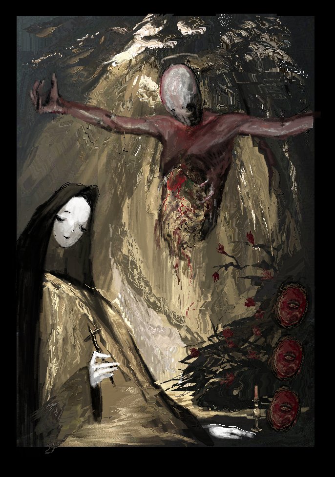 alien, angel_(evangelion), black_hoodie, black_robe, cross, faceless, holding, holding_cross