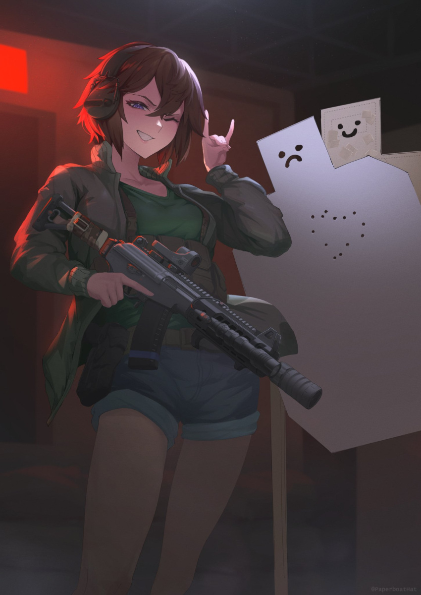 1girl, assault_rifle, briar_(gamingsentry), brown_jacket, bullet_hole, commission, cowboy_shot, denim