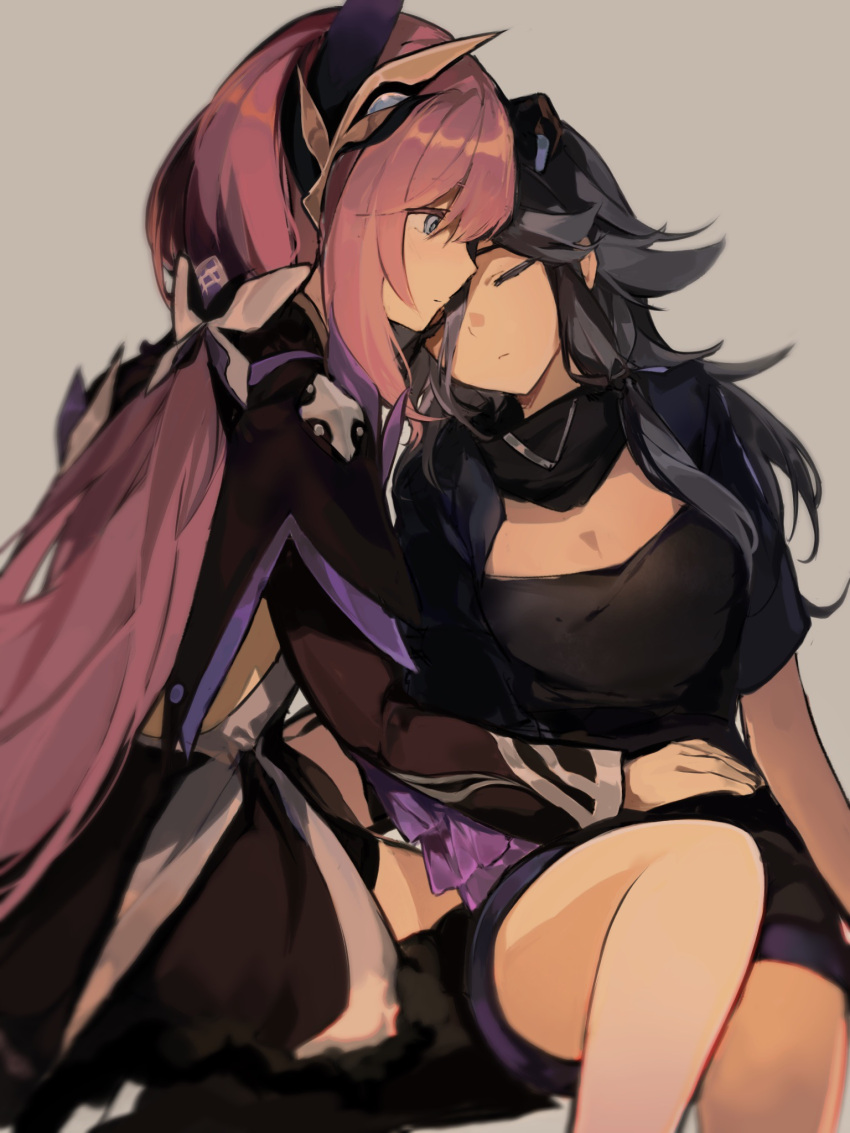 2girls, black_jacket, black_scarf, black_shirt, blue_eyes, chinese_commentary, closed_eyes, commentary_request