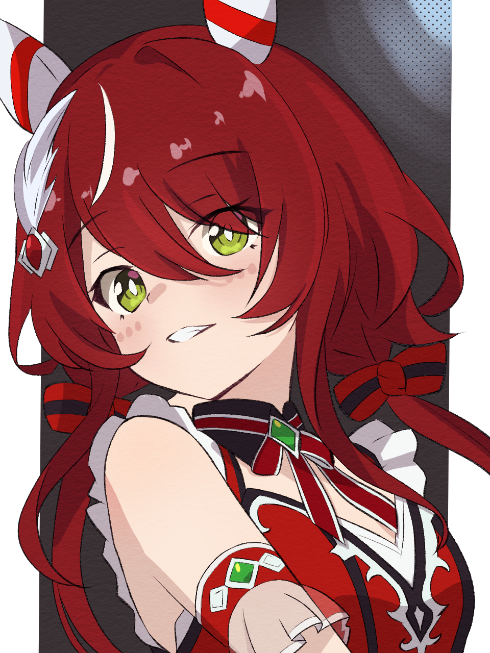 1girl, animal_ears, blush, breasts, commentary, green_eyes, grin, hair_between_eyes