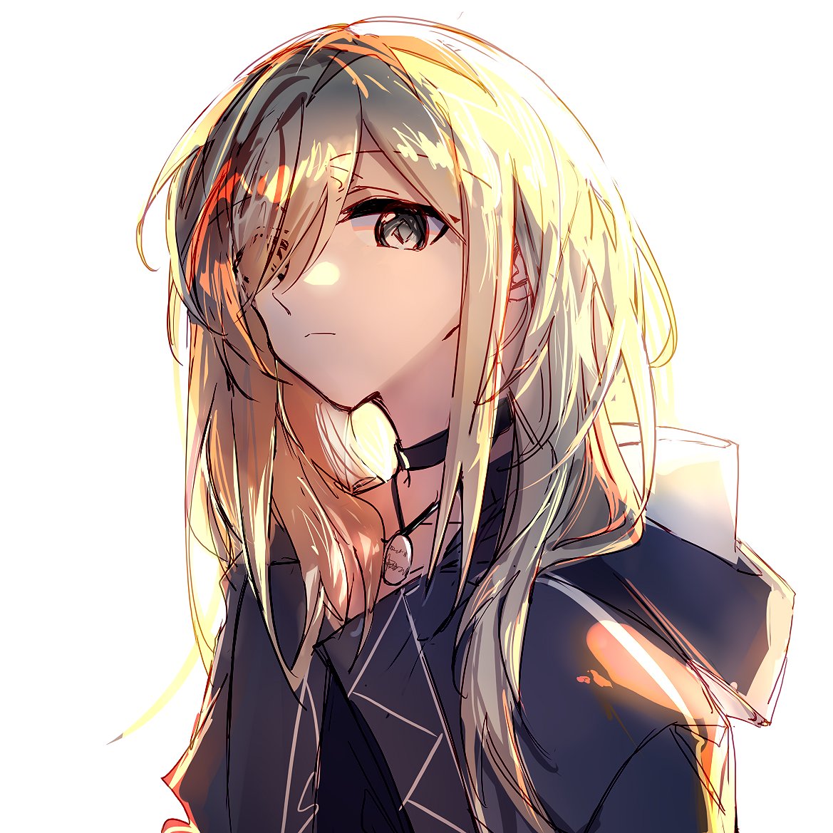 1girl, black_choker, black_jacket, choker, closed_mouth, girls_band_cry, grey_eyes, grey_hair