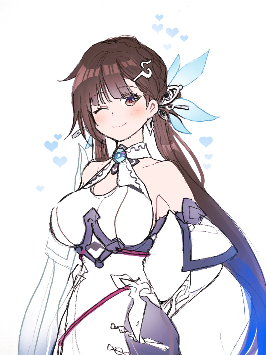 1girl, 5rwpvc, absurdres, arm_behind_back, armpits, bare_shoulders, breasts, brown_eyes, brown_hair, closed_mouth, cowboy_shot, detached_sleeves, dress, hair_between_eyes, hair_ornament, heart, highres, honkai_(series), honkai_impact_3rd, large_breasts, li_sushang, li_sushang_(jade_knight), long_hair, long_sleeves, one_eye_closed, smile, white_background, white_dress