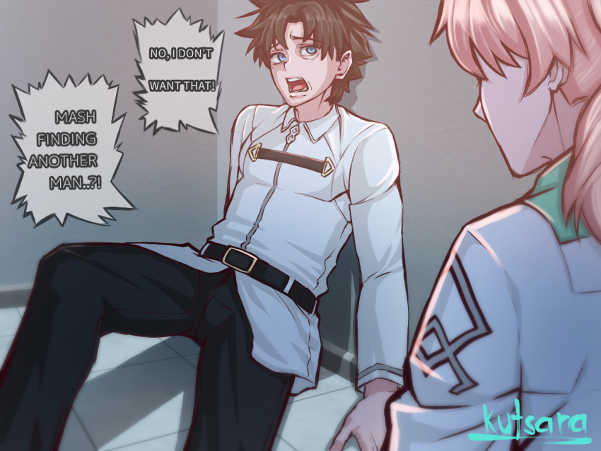 2boys, artist_name, belt, black_belt, black_hair, black_pants, chaldea_uniform, collared_shirt